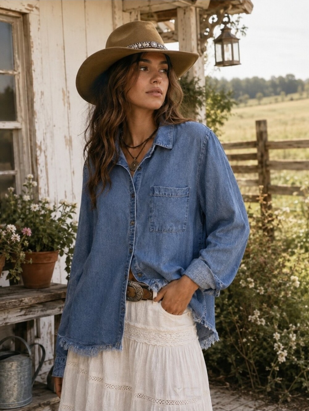 Urban Daizy Denim Chambray Button-Up Distressed Tunic Shirt with Frayed Hem M